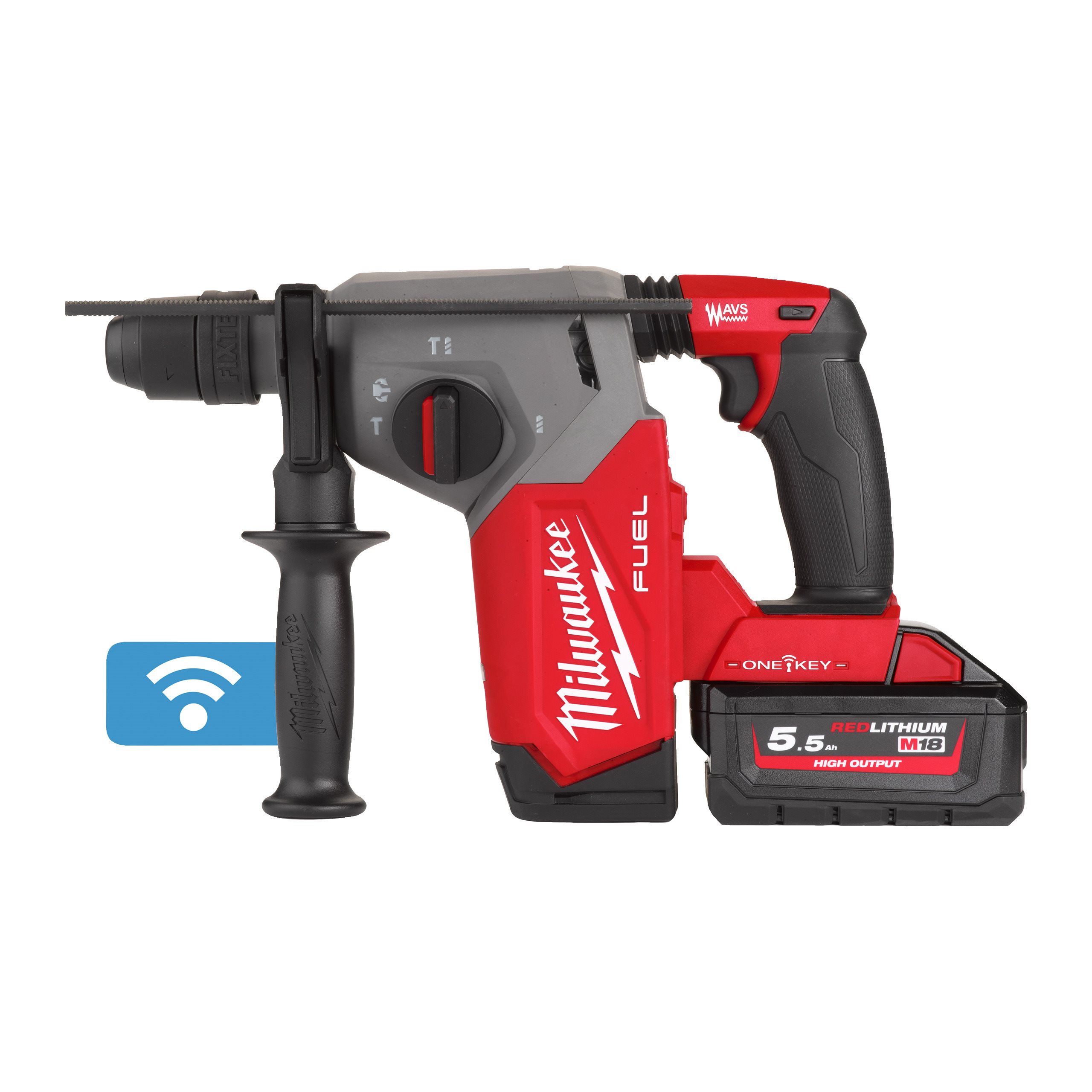 

Перфоратор Milwaukee M18 ONE FHX-552X FUEL ONE-KEY, аккумуляторный, SDS-Plus, 2.5 Дж, 1330 об/мин, 4800 уд/мин, 18V, 5.5 А·ч, Li-Ion, два акб, пластиковый кейс, 4.5 кг (4933478504), M18 ONE FHX-552X FUEL ONE-KEY