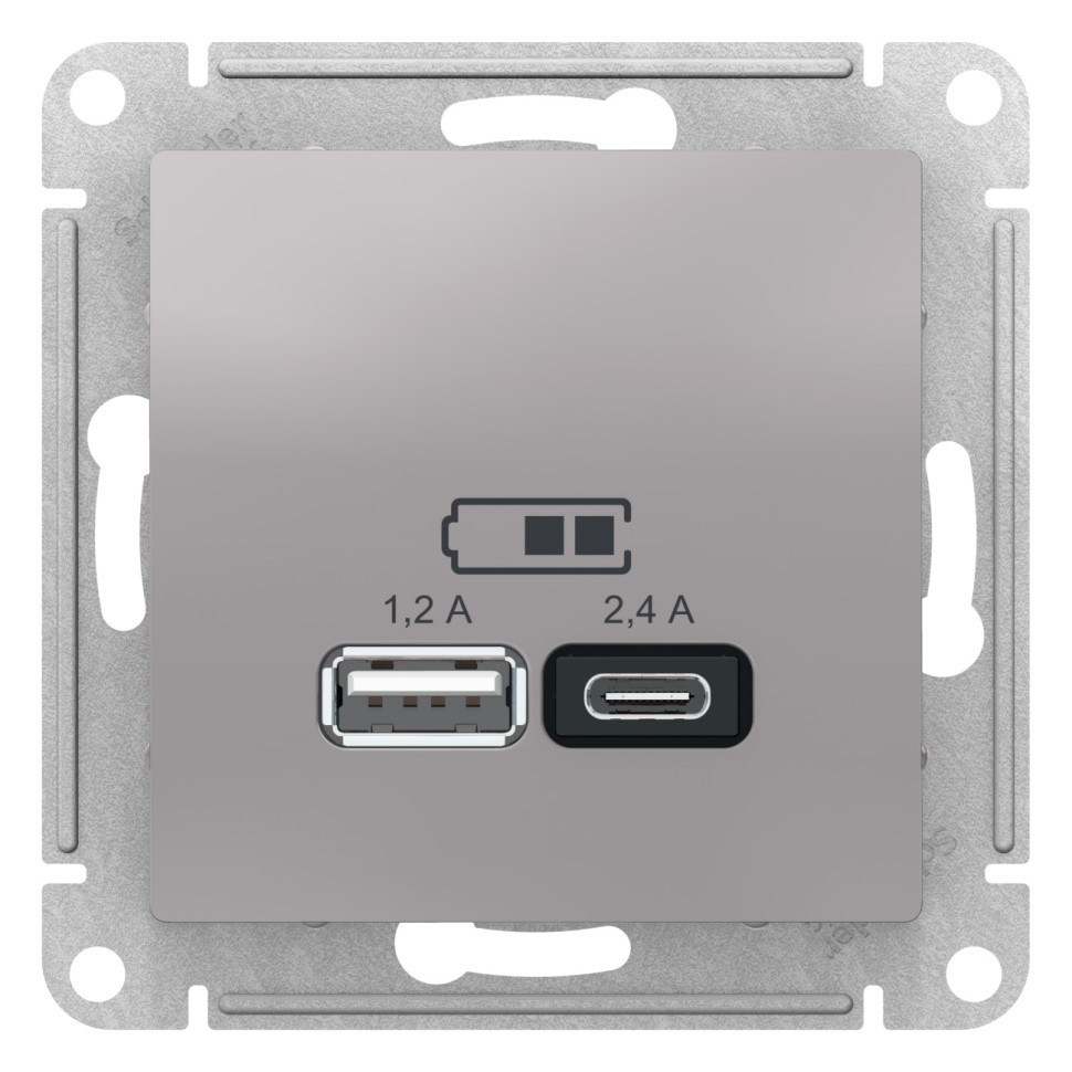 Розетка Schneider Electric AtlasDesign, USB-A, USB-C, 1.2А, 2.4А, механизм, алюминий (ATN000339)