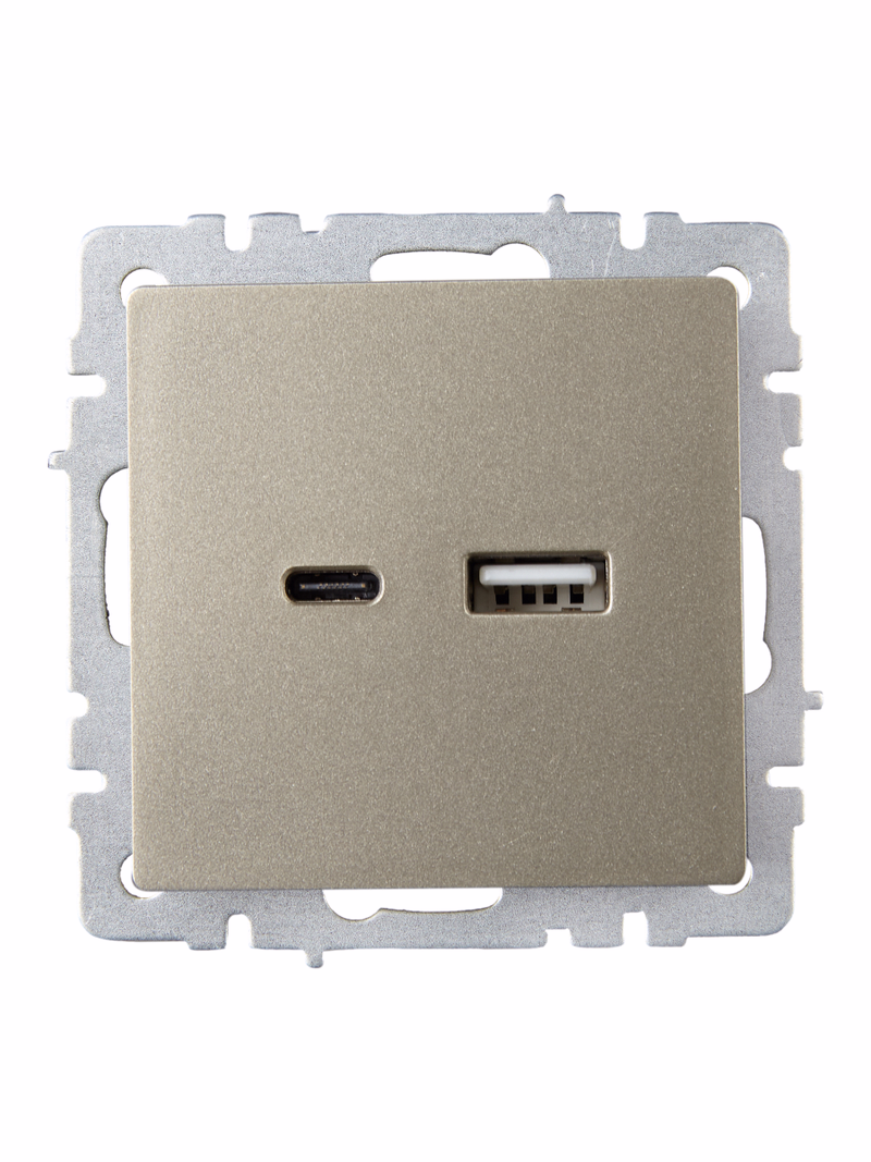 

Розетка IEK Brite РЮ11-1-БрШ, USB-A, USB-C, 3.1А, 18 Вт, механизм с накладкой, шампань (BR-U22-018-K37), РЮ11-1-БрШ