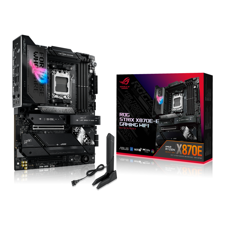 

Материнская плата ASUS ROG STRIX X870E-E GAMING WIFI, AM5, AMD X870, 4xDDR5 DIMM, 2PCI-Ex16, 4SATA3, 7.1-ch, 5GLAN, 13 USB 3.2, 5 USB Type-C, HDMI, Type-C DP, ATX, Retail, ROG STRIX X870E-E GAMING WIFI