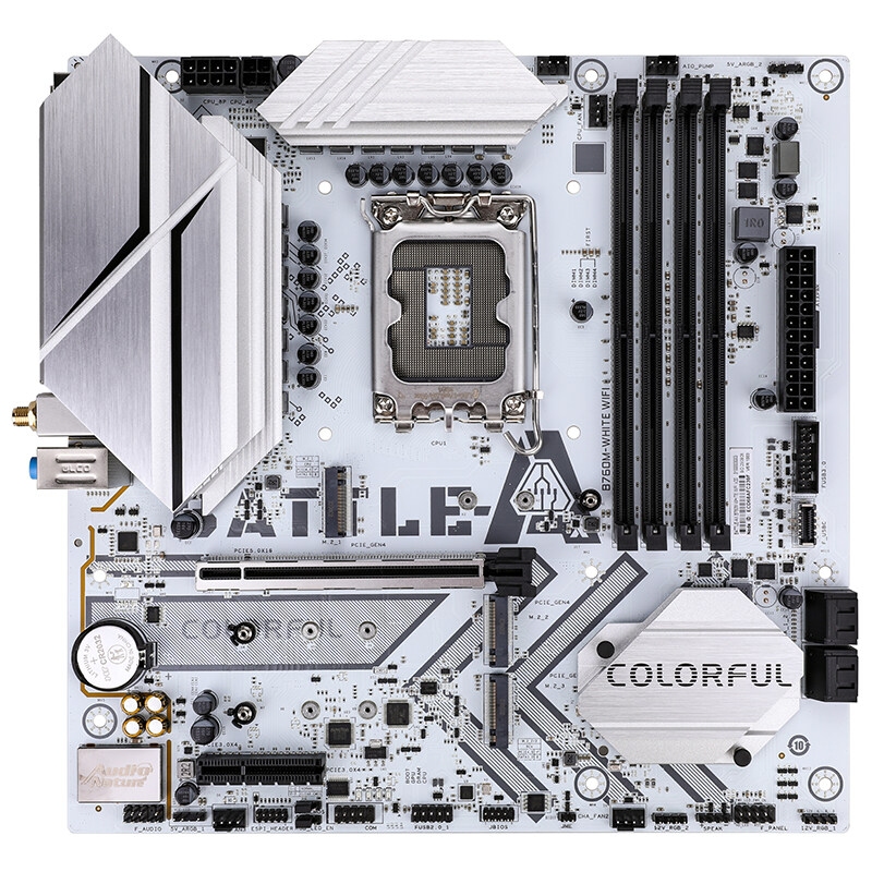 

Материнская плата Colorful BATTLE-AX B760M-WHITE WIFI V20, Socket1700, Intel B760, 4xDDR4, PCI-Ex16, 4SATA3, 5.1-ch, 2.5GLAN, 4 USB 3.2, 2 USB Type-C, HDMI, DP, mATX, Retail, BATTLE-AX B760M-WHITE WIFI V20