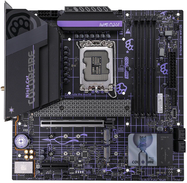 

Материнская плата Colorful COLORFIRE B760M-MEOW WIFI D5 PURPLE, Socket1700, Intel B760, 4xDDR5 DIMM, PCI-Ex16, 4SATA3, 5.1-ch, 2.5GLAN, 4 USB 3.2, 1 USB Type-C, HDMI, DP, mATX, Retail, COLORFIRE B760M-MEOW WIFI D5 PURPLE