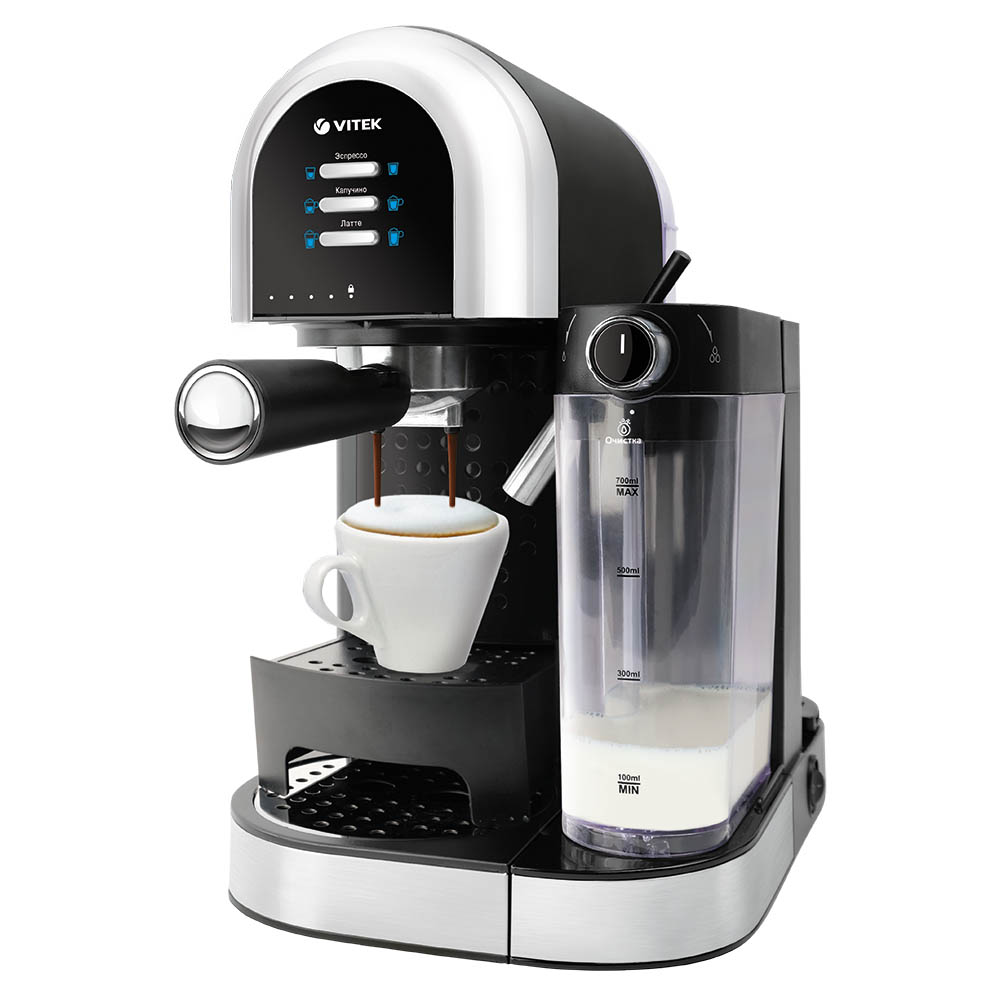 

Кофеварка рожковая VITEK Metropolis VT-1525, 1.47 кВт, кофе молотый, 1 л, ручной капучинатор, черный/белый (VT-1525), Metropolis VT-1525
