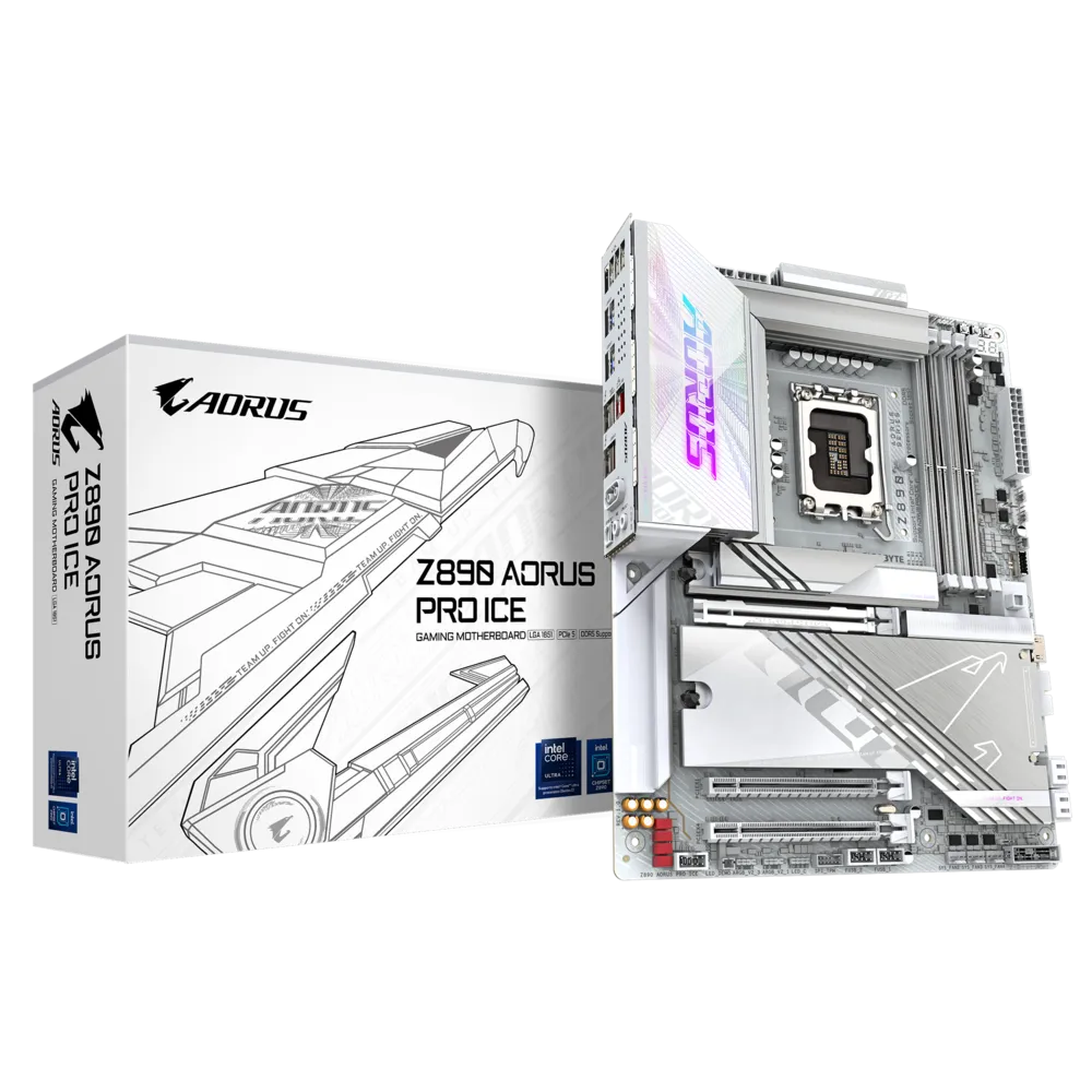 

Материнская плата GIGABYTE Z890 AORUS PRO ICE, LGA1851, Intel Z890, 4xDDR5 DIMM, 3PCI-Ex16, 4SATA3, 7.1-ch, 2.5GLAN, 8 USB 3.2, 3 USB Type-C, Type-C DP, ATX, Retail, Z890 AORUS PRO ICE