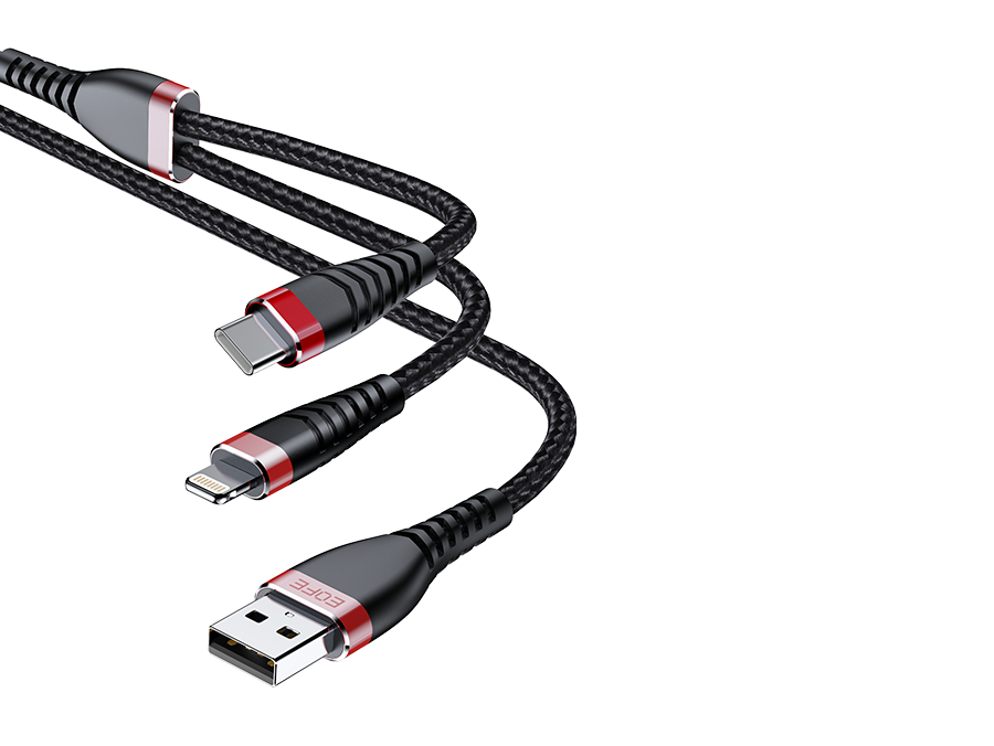 

Кабель USB-USB Type-C+Lightning 8-pin, быстрая зарядка, 2.4А, 1.2 м, черный, EOFE AT31 (AT31 BLACK), AT31