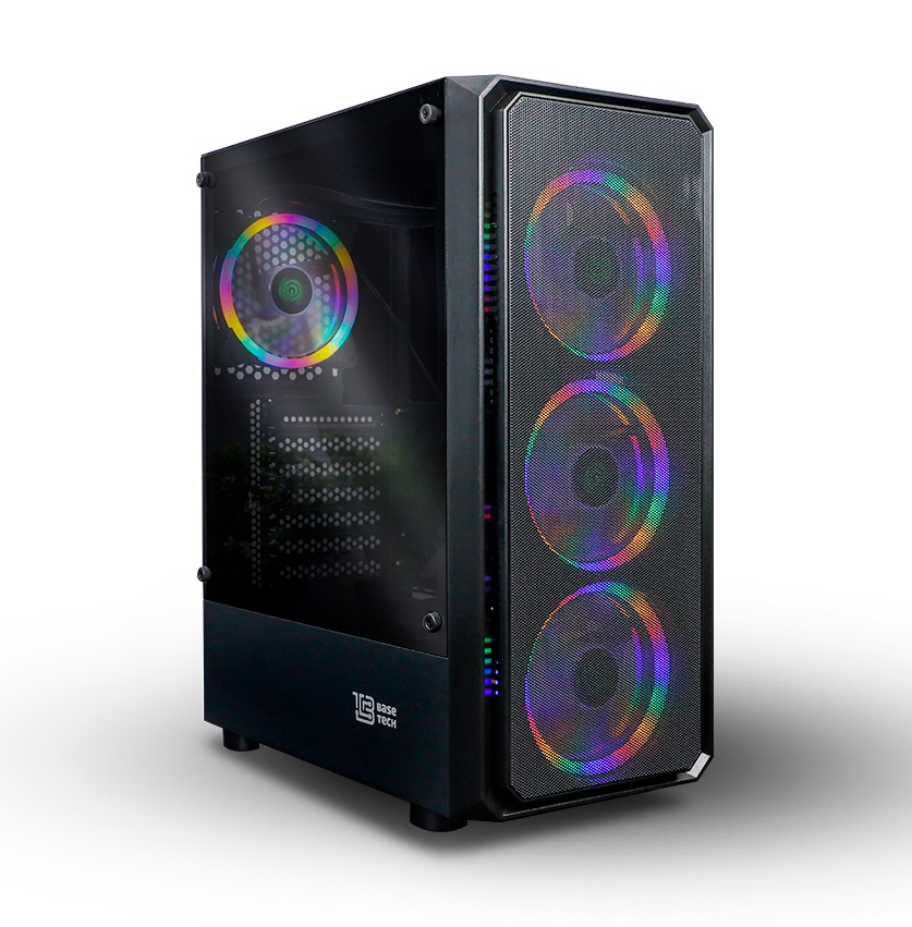 Корпус BaseTech eXtreme GFX-03, ATX, Midi-Tower, USB 3.0, RGB подсветка, черный, без БП (BT-GFX-03-MESH-4F-RGB)