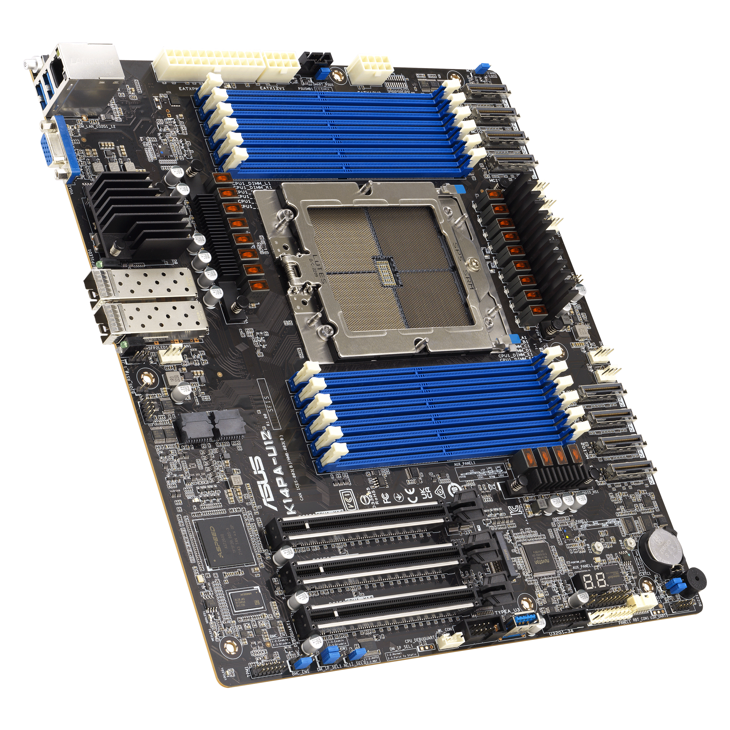 

Материнская плата ASUS K14PA-U12, 1xSP5, 12xDDR5, 3PCI-Ex16, 1xM.2-PCI-E/SATA, 16SATA3, 2x25GLAN SFP28, ASMB11-iKVM, VGA, CEB, Bulk (90SB0CI0-M0UAY0), K14PA-U12