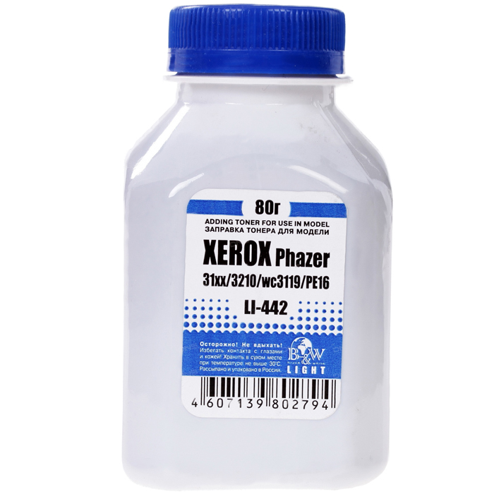

Тонер B&W Light LI-442, бутыль 80 г, черный, совместимый для Xerox Phaser 3100 / 3200 / 3210 / WC3119 / PE 16, LI-442