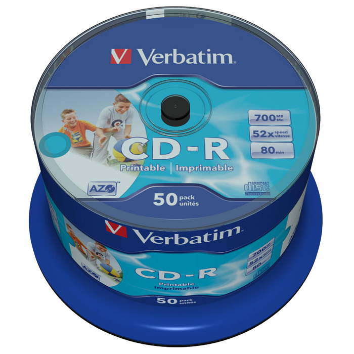 Диск Verbatim CD-R, 700Mb, 52x, Cake Box, 50 шт, Printable (43309/43438)