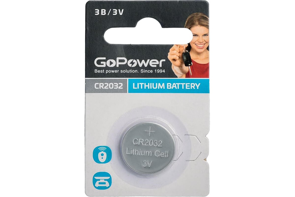 Батарейка GoPower, CR2032, 3V, 1 шт