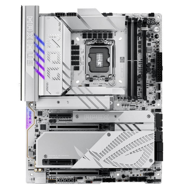 

Материнская плата ASUS ROG MAXIMUS Z890 APEX, LGA1851, Intel Z890, 2xDDR5 DIMM, 2PCI-Ex16, 4SATA3, 7.1-ch, 5GLAN, 6 USB 3.1, 2 USB 3.2, 2 USB Type-C, Type-C DP, ATX, Retail, ROG MAXIMUS Z890 APEX