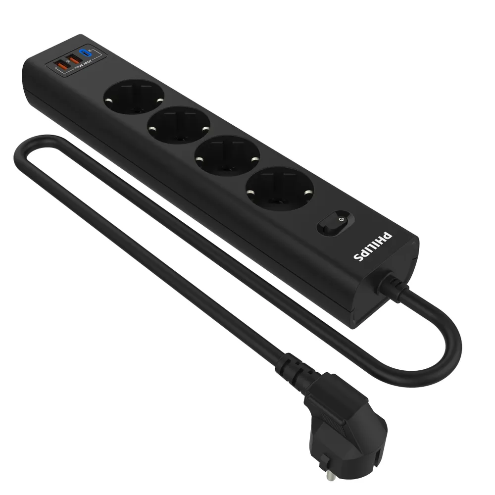 Сетевой фильтр PHILIPS, 4-розетки, 2 м, черный (CHP4346BA/51)