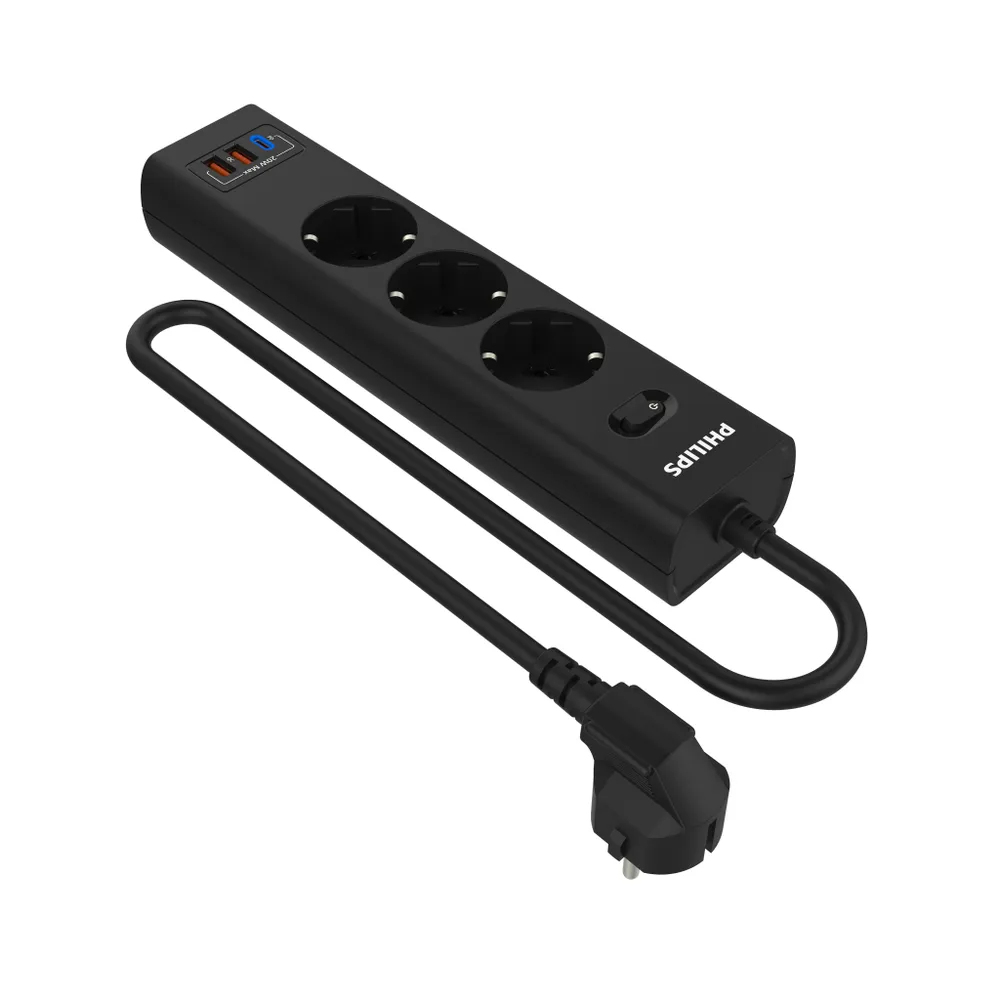 Сетевой фильтр PHILIPS, 3-розетки, 2 м, черный (CHP4336BA/51)