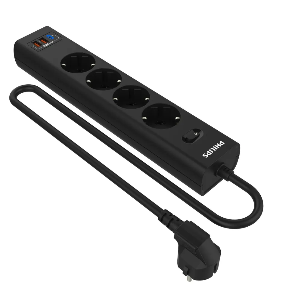 Сетевой фильтр PHILIPS, 4-розетки, 2 м, черный (CHP8246BA/51)