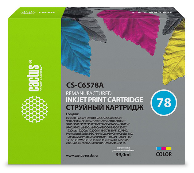 

Картридж струйный Cactus CS-C6578A (78), голубой/пурпурный/желтый, совместимый, 45мл, для DJ 1180c / 1220c / 1220c/PS / 1280 / 920c / 9300 / 930c / 950c / 970cxi, OJ G85 / K80 / V40, PSC 750, Цветной