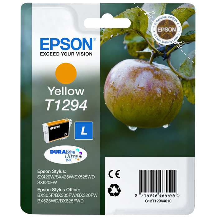 

Картридж струйный Epson T1294 (C13T12944010/C13T12944011/C13T12944021), желтый, оригинальный, ресурс 665 страниц для Epson Epson Stylus SX230 / SX235W / SX420W / SX425W / SX430W / SX435W /SX440W / SX445W / SX525WD / SX535WD, Office B42WD / BX305F / BX320F