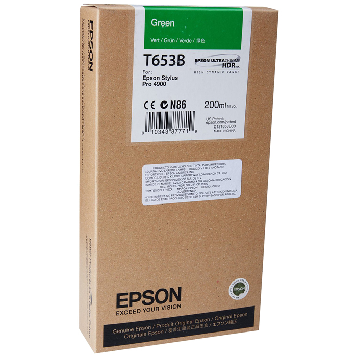 

Картридж струйный Epson T653B (C13T653B00), зеленый, оригинальный, объем 200мл, для Epson Stylus Pro 4900 / 4900 Design Edition, T653B