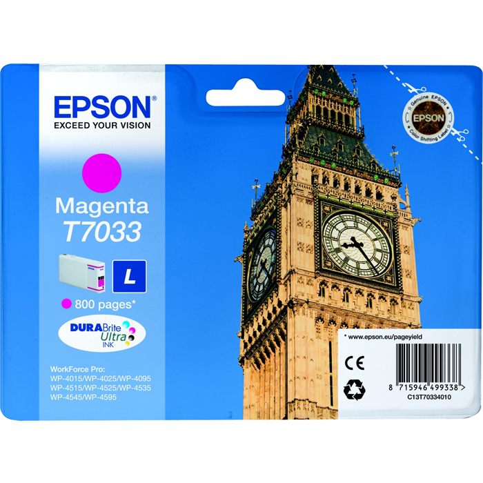 

Картридж струйный Epson T7033 (C13T70334010), пурпурный, оригинальный, ресурс 800 страниц для Epson Epson WorkForce Pro WP-4015DN / WP-4025DW / WP-4095DN / WP-4515DN / WP-4525DNF / WP-4535DWF / WP-4595DNF, T7033