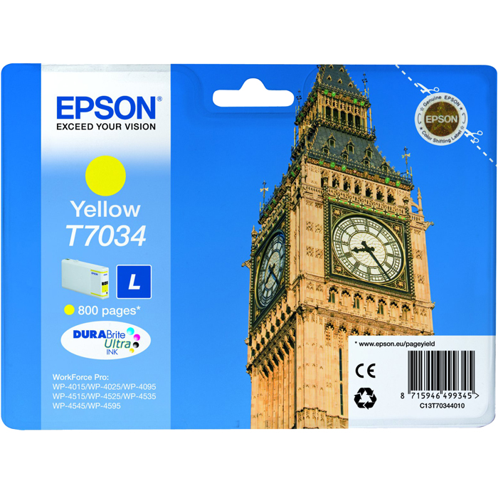 

Картридж струйный Epson T7034 (C13T70344010), желтый, оригинальный, ресурс 800 страниц для Epson Epson WorkForce Pro WP-4015DN / WP-4025DW / WP-4095DN / WP-4515DN / WP-4525DNF / WP-4535DWF / WP-4595DNF, T7034