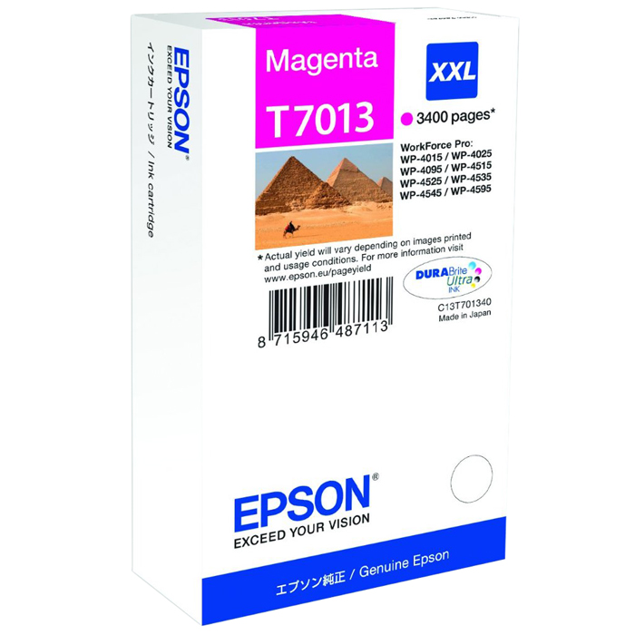 

Картридж струйный Epson T7013 (C13T70134010), пурпурный, оригинальный, ресурс 3400 страниц, для Epson WorkForce Pro WP-4015DN / WP-4025DW / WP-4095DN / WP-4515DN / WP-4525DNF / WP-4535DWF / WP-4595DNF, T7013