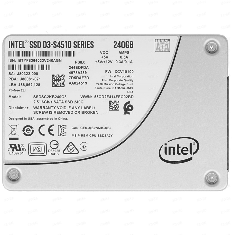 

Твердотельный накопитель (SSD) Intel 240Gb D3-S4510, 2.5", SATA3 (SSDSC2KB240G801), Серебристый