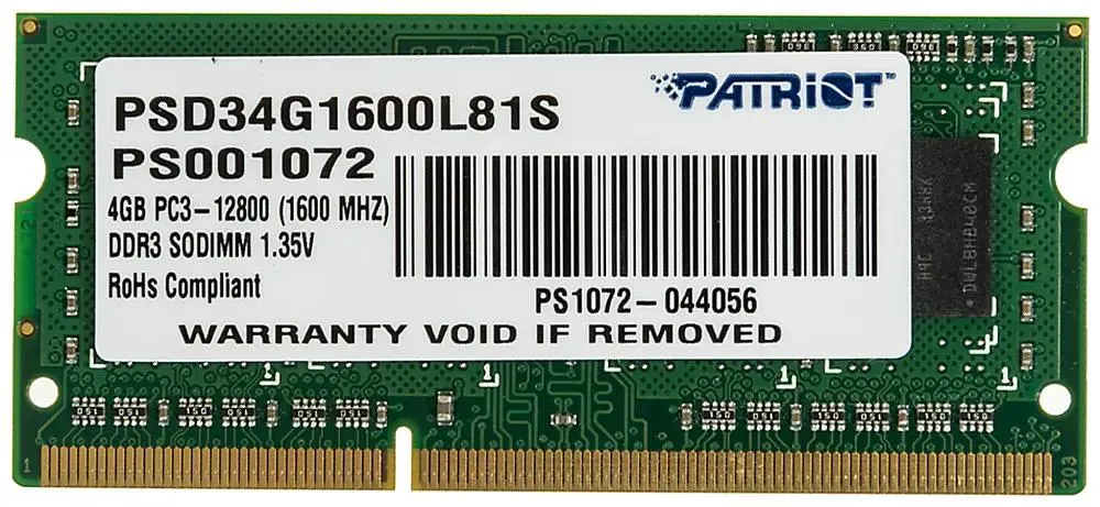 

Память DDR3L SODIMM 4Gb, 1600MHz, CL11, 1.35 В, Patriot Memory, Signature (PSD34G1600L81S), PSD34G1600L81S