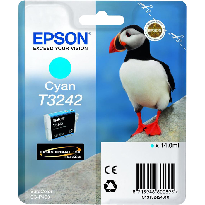 

Картридж струйный Epson T3242 (C13T32424010), голубой, оригинальный, объем 14мл, для Epson SureColor SC-P400, T3242