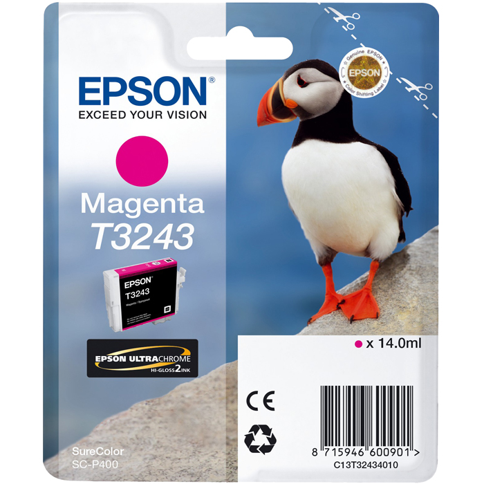 

Картридж струйный Epson T3243 (C13T32434010), пурпурный, оригинальный, объем 14мл, для Epson SureColor SC-P400, T3243