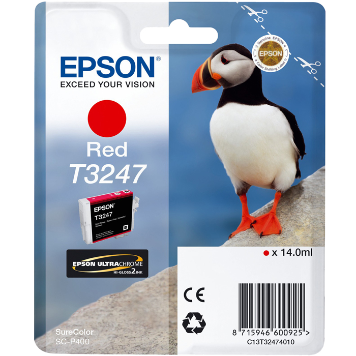 

Картридж струйный Epson T3247 (C13T32474010), красный, оригинальный, объем 14мл, для Epson SureColor SC-P400, T3247
