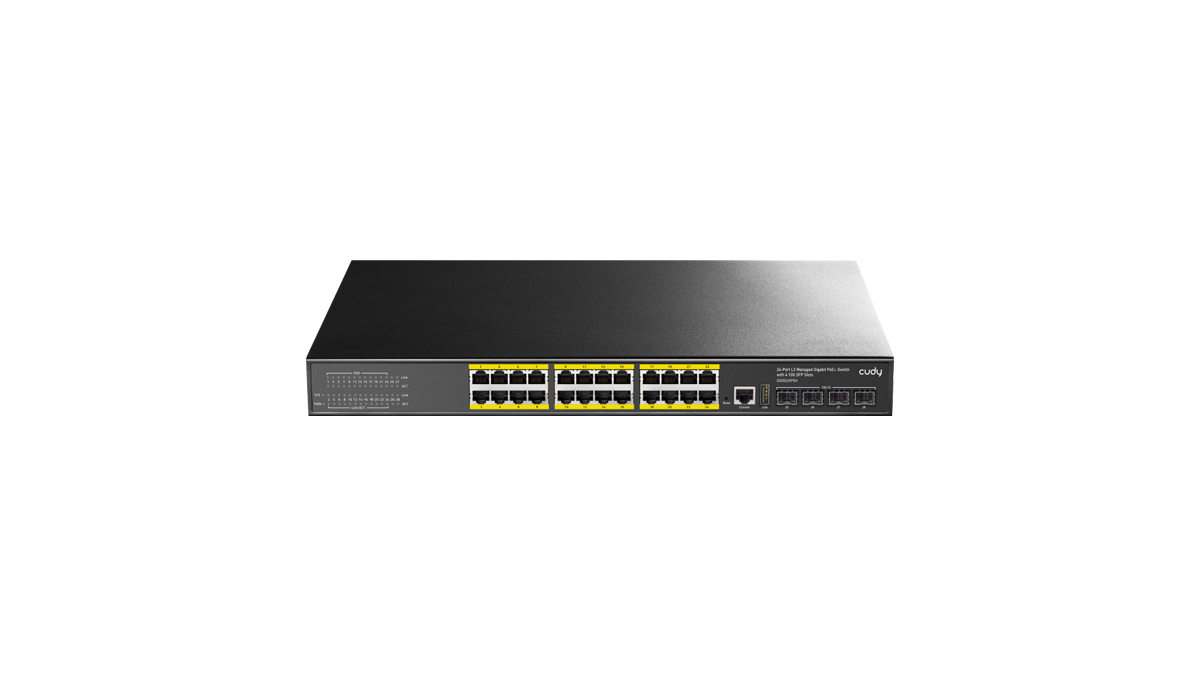 

Коммутатор Cudy GS2028PS4-400W, управляемый, кол-во портов: 24x1 Гбит/с, кол-во SFP/uplink: SFP 4x10 Гбит/с, установка в стойку, PoE: 24x30 Вт (макс. 400 Вт), GS2028PS4-400W