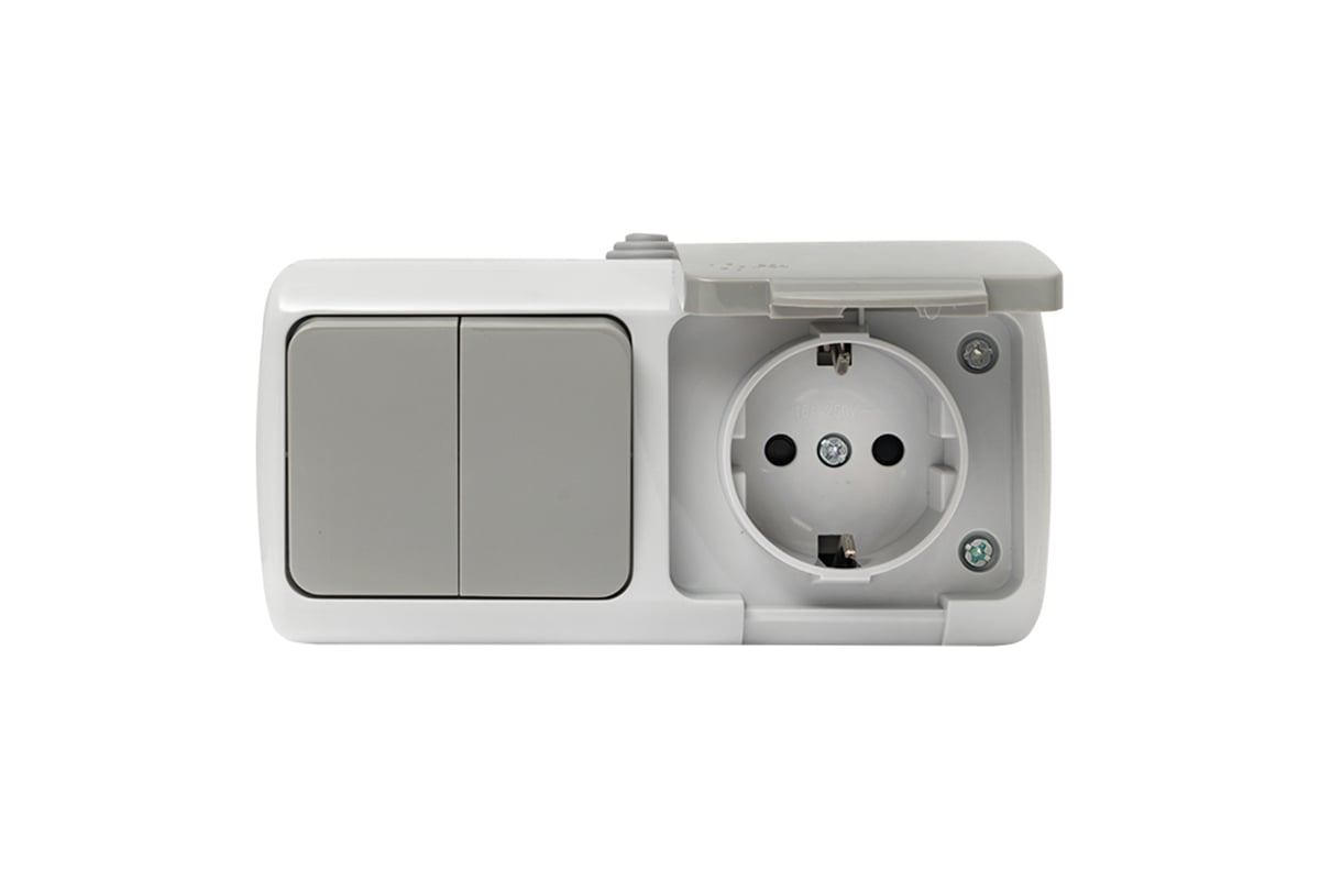 

Блок розетка + выключатель горизонтальный EKF Мурманск, открытый монтаж, однопостовая, с з/к, с крышкой, 16А, в сборе, IP54, с 2-клавишным выключателем, серый, 1 шт. (EFRV16-052-30-540)