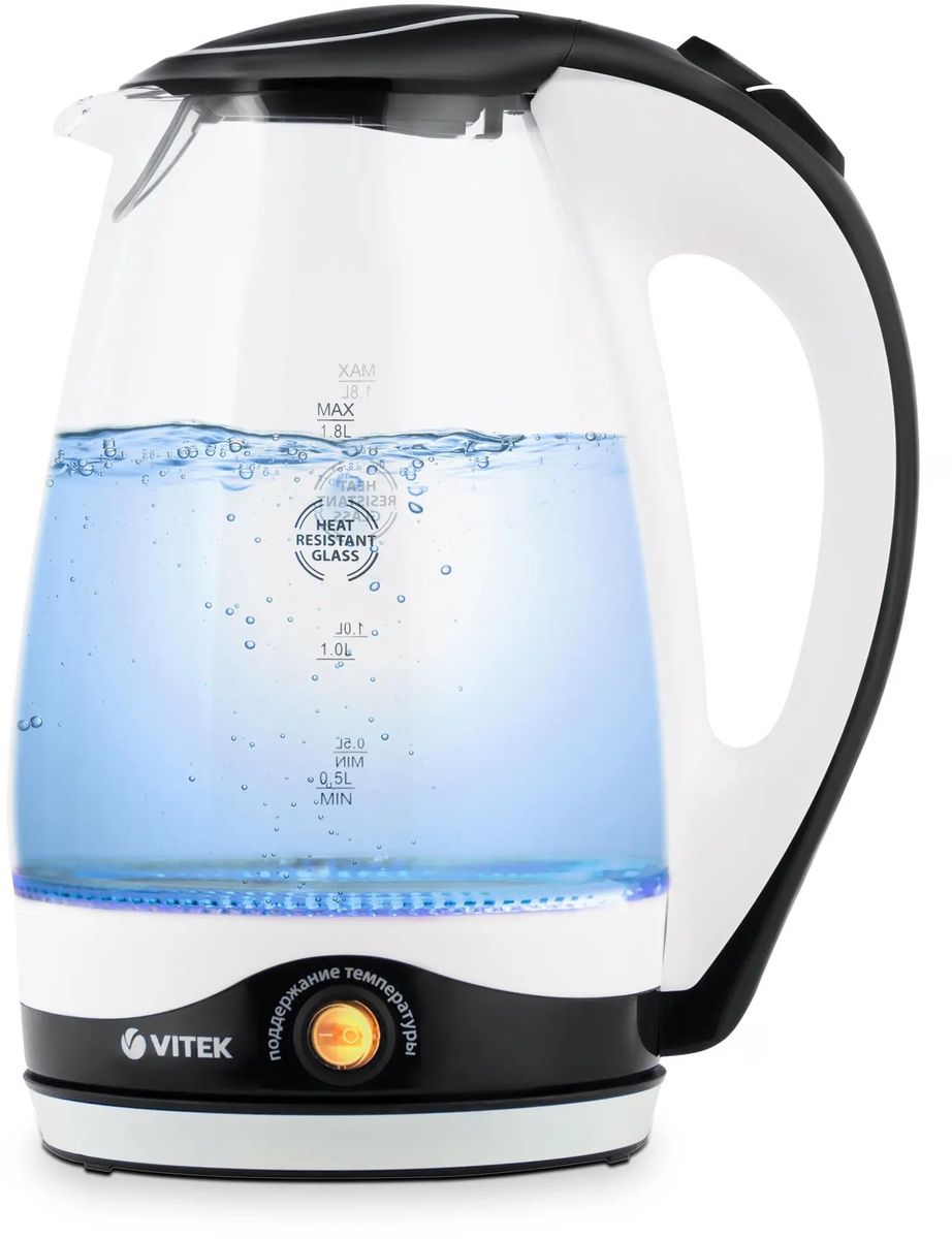 

Чайник электрический VITEK VT-7027 1.8л. 2.2 кВт, пластик/стекло, черный/белый (VT-7027), VT-7027