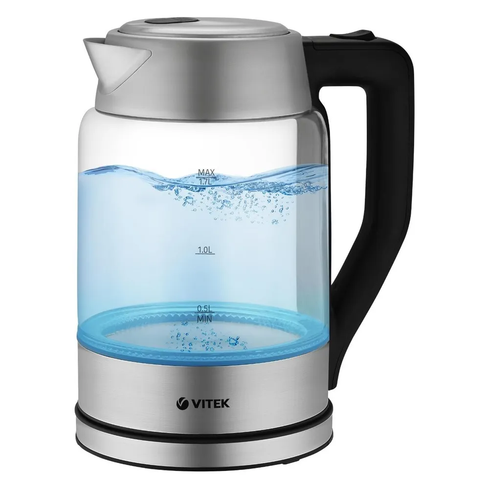 

Чайник электрический VITEK VT-7043 1.7л. 2.2 кВт, стекло/металл, серебристый/черный ( VT-7043), VT-7043