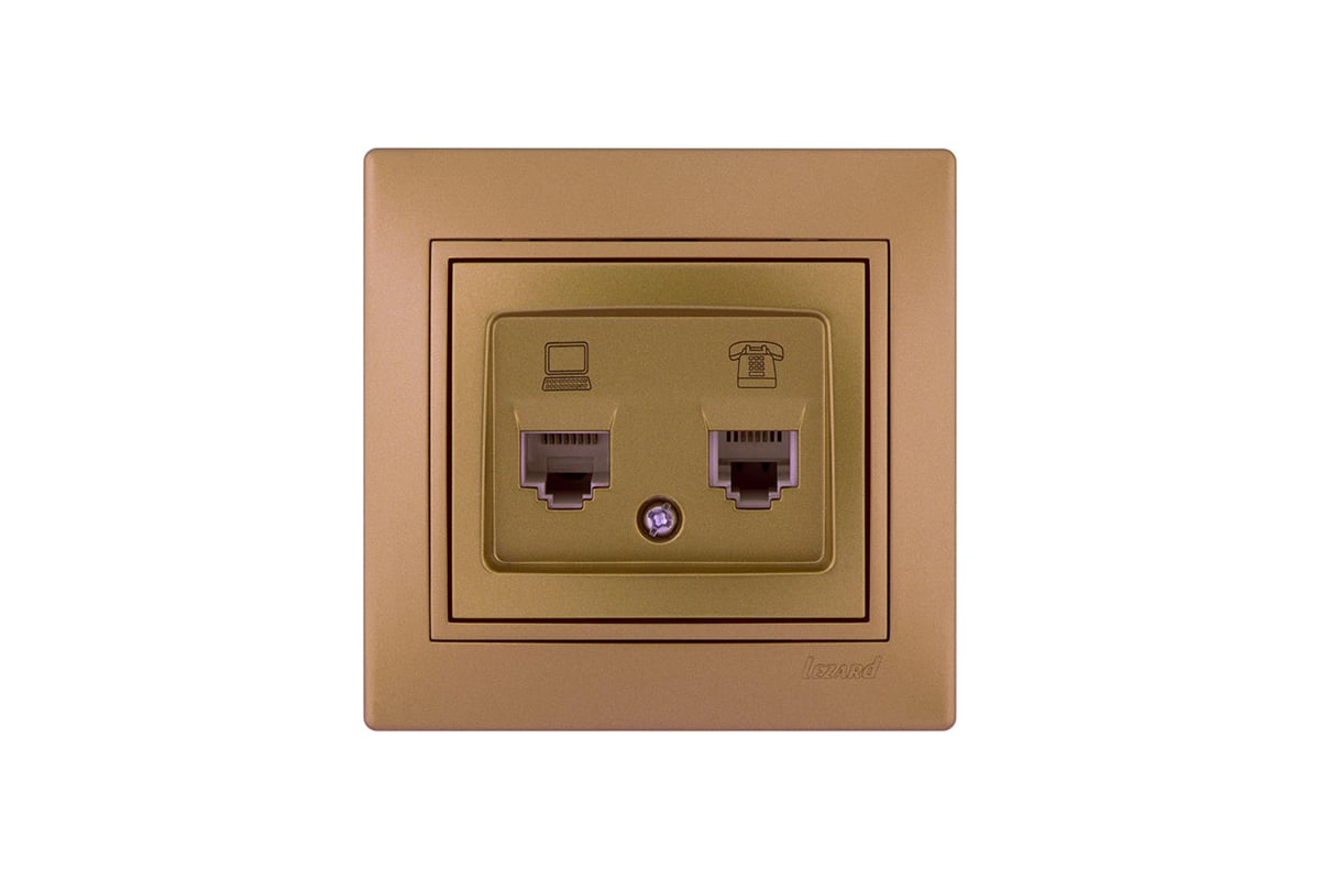 

Розетка RJ-45+RJ-11 открытый монтаж, золотой металлик, Lezard Mira (701-1313-143)