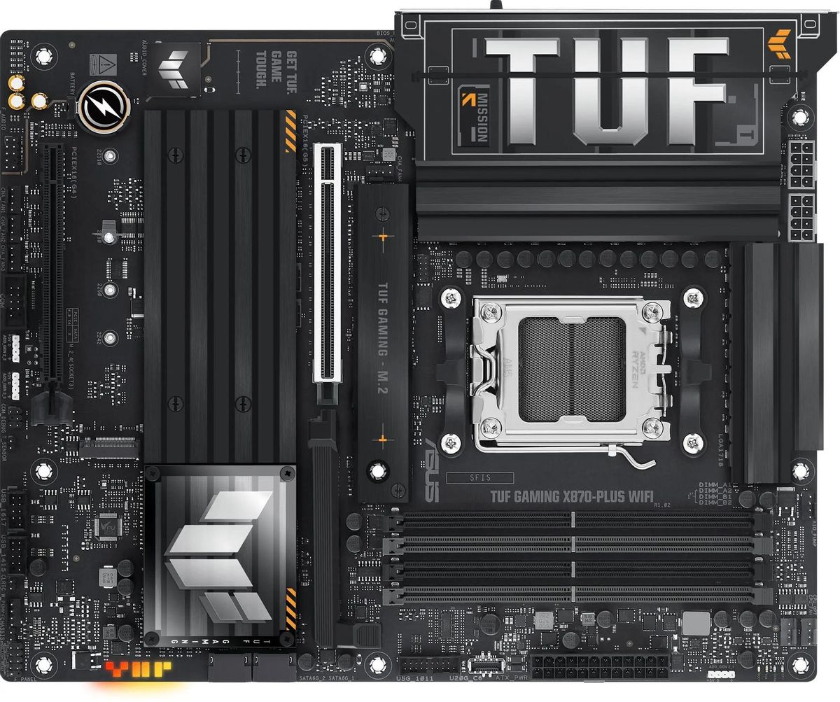 

Материнская плата ASUS TUF GAMING X870-PLUS WIFI, AM5, AMD X870, 4xDDR5 DIMM, 3PCI-Ex16, 2SATA3, 7.1-ch, 2.5GLAN, 7 USB 3.2, 2 USB Type-C, HDMI, Type-C DP, ATX, Retail, TUF GAMING X870-PLUS WIFI