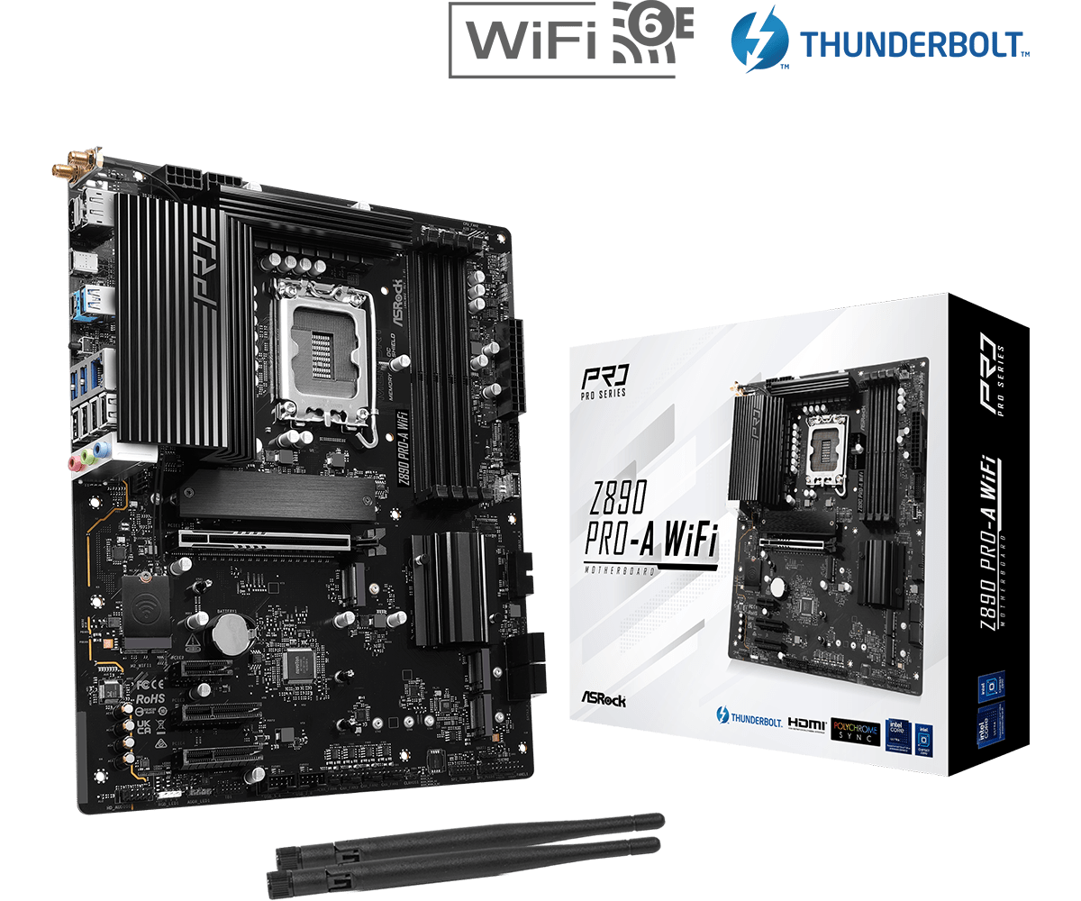

Материнская плата ASRock Z890 PRO-A WIFI, LGA1851, Intel Z890, 4xDDR5 DIMM, PCI-Ex16, 4SATA3, 7.1-ch, 2.5GLAN, 7 USB 3.2, 3 USB Type-C, HDMI, DP, Type-C DP, ATX, Retail, Z890 PRO-A WIFI