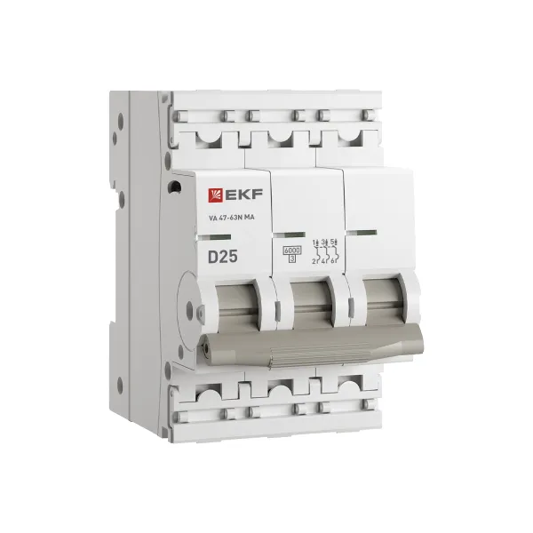 

Выключатель автоматический EKF ВА 47-63N MA PROxima трехполюсный (3P/3П) 25А D 6кА (M63MA6325D), ВА 47-63N MA