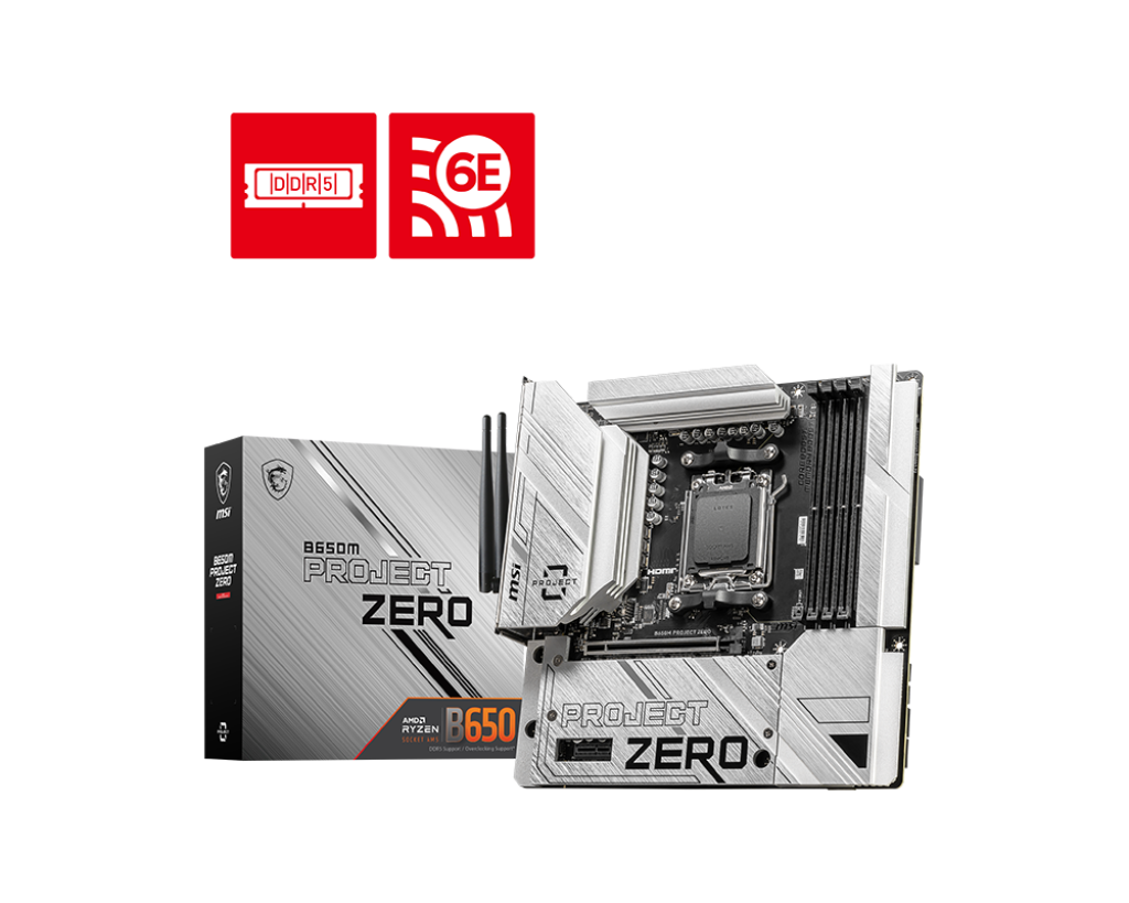 

Материнская плата MSI B650M PROJECT ZERO, AM5, AMD B650, 4xDDR5 DIMM, PCI-Ex16, 4SATA3, 7.1-ch, 2.5GLAN, 7 USB 3.2, 3 USB Type-C, HDMI, DP, mATX, Retail, B650M PROJECT ZERO