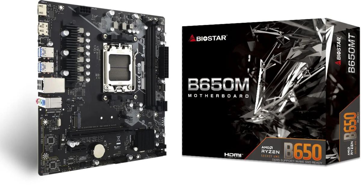 

Материнская плата Biostar B650MT, AM5, AMD B650, 2xDDR5 DIMM, PCI-Ex16, 4SATA3, 7.1-ch, GLAN, 6 USB 3.2, 1 USB Type-C, HDMI, DP, mATX, Retail, B650MT
