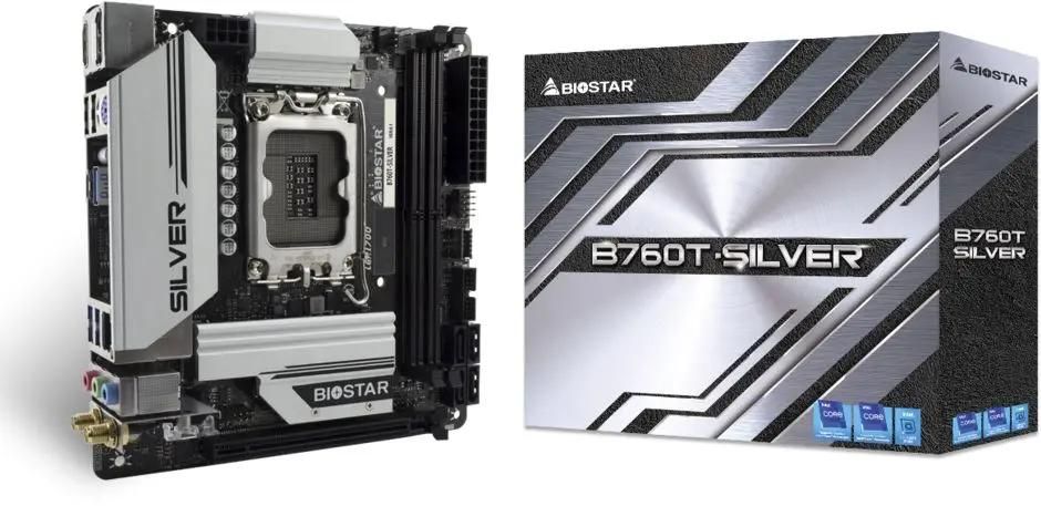 

Материнская плата Biostar B760T-Silver, Socket1700, Intel B760, 2xDDR5 DIMM, PCI-Ex16, 4SATA3, 7.1-ch, 2.5GLAN, 5 USB 3.2, 2 USB Type-C, HDMI, DP, mini-ITX, Retail, B760T-Silver