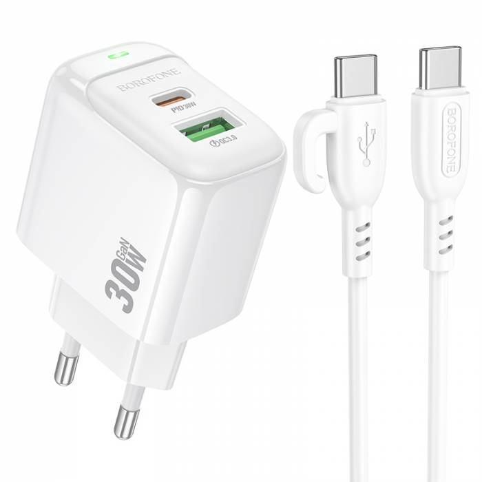 

Сетевое зарядное устройство Borofone Potential BAS45A 30 Вт, USB, EU, USB type-C, Quick Charge, PD, белый (6941991113895), кабель type-C/type-C, BAS45A