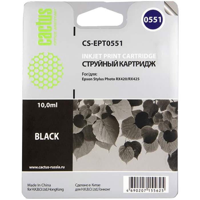 

Картридж струйный Cactus CS-EPT0551 (C13T055140), черный, совместимый, 10мл, для Epson Stylus Photo RX520 / RX420 / RX425 / RX430 / R240 / R245