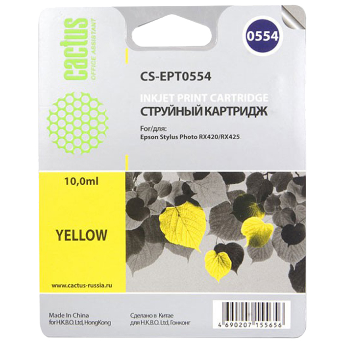 

Картридж струйный Cactus CS-EPT0554 (C13T055440), желтый, совместимый, 10 мл, для Epson Stylus Photo RX520 / RX420 / RX425 / RX430 / R240 / R245
