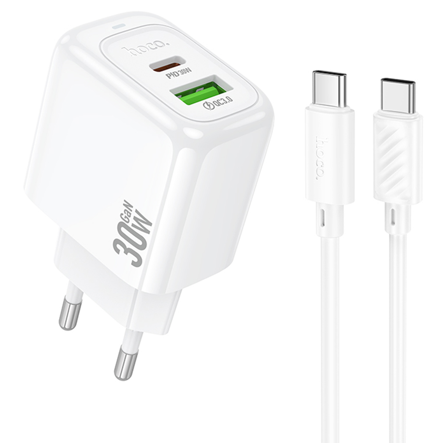 

Сетевое зарядное устройство Hoco Surplus CS55A 30 Вт, USB, EU, USB type-C, Quick Charge, PD, белый (6942007631563), кабель type-C/type-C, CS55A