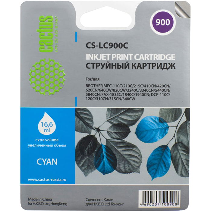

Картридж струйный Cactus CS-LC900С (LC-900С), голубой, совместимый, 400 страниц, для Brother DCP-110C, DCP-115C, DCP-117C, DCP-120C, DCP-310CN, DCP-315CN, DCP-340CW, MFC-210C, MFC-215C, MFC-3240C, MFC-3340CN, MFC-410CN, MFC-425CN, MFC-5440CN, MFC-5840CN, 