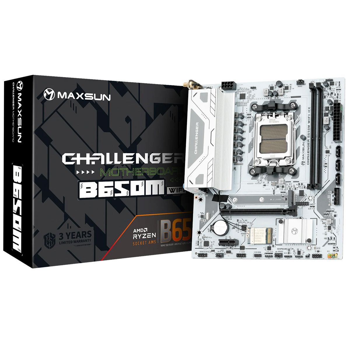 

Материнская плата MaxSun Challenger B650M WIFI ICE, AM5, AMD B650, 2xDDR5 DIMM, PCI-Ex16, 4SATA3, 5.1-ch, GLAN, 6 USB 3.2, HDMI, DP, mATX, Retail, Challenger B650M WIFI ICE