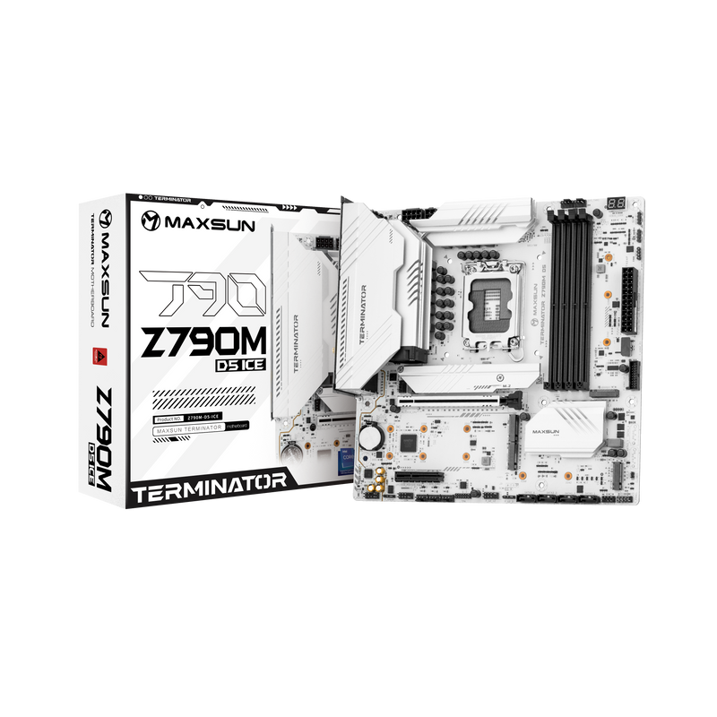 

Материнская плата MaxSun Terminator Z790M D5 ICE, Socket1700, Intel Z790, 4xDDR5 DIMM, PCI-Ex16, 4SATA3, 7.1-ch, 2.5GLAN, 4 USB 3.2, 1 USB Type-C, HDMI, DP, mATX, Retail, Terminator Z790M D5 ICE
