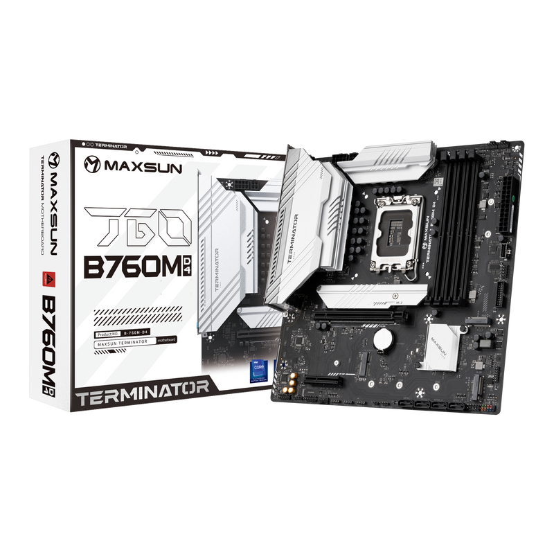 

Материнская плата MaxSun Terminator B760M D4, Socket1700, Intel B760, 4xDDR4, PCI-Ex16, 4SATA3, 5.1-ch, 2.5GLAN, 4 USB 3.2, 1 USB Type-C, HDMI, DP, mATX, Retail, Terminator B760M D4
