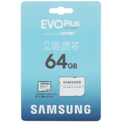 

Карта памяти 64Gb microSDXC Samsung EVO Plus UHS-I U1 V10 A1 + адаптер (MB-MC64SA/AP)