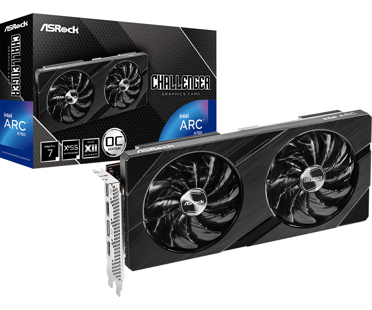 

Видеокарта ASRock Intel Arc A750 Challenger OC, 8Gb GDDR6, 256 бит, PCI-E, 2HDMI, 2DP, Retail (A750 CL SE 8GO), Challenger OC